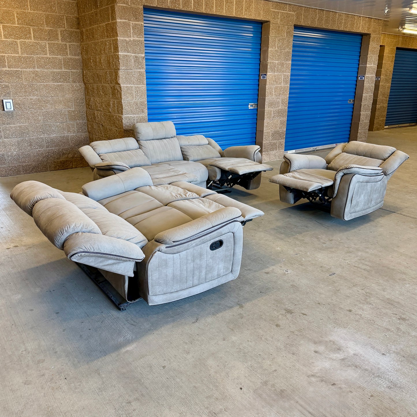 Beige Manual Reclining Sofa, Loveseat, and Chair Set