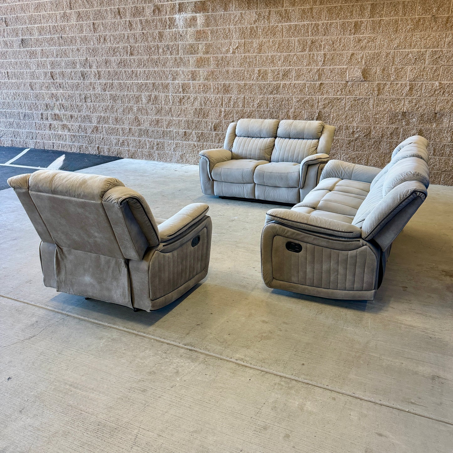 Beige Manual Reclining Sofa, Loveseat, and Chair Set