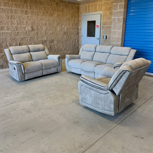 Beige Manual Reclining Sofa, Loveseat, and Chair Set