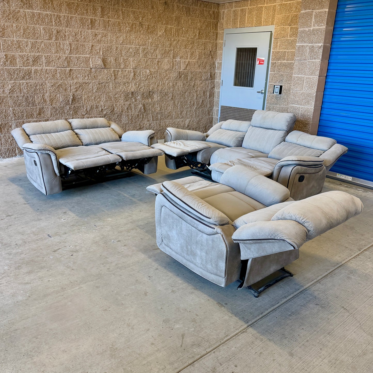 Beige Manual Reclining Sofa, Loveseat, and Chair Set